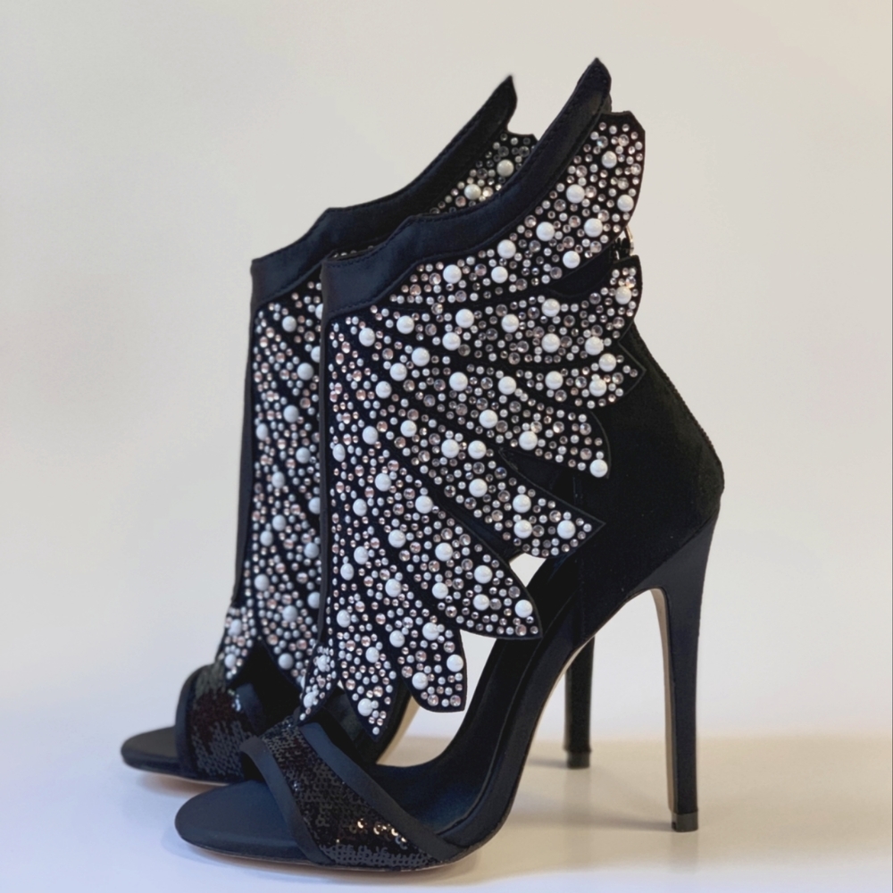 Black Leather Cryatal Embellished Sandal